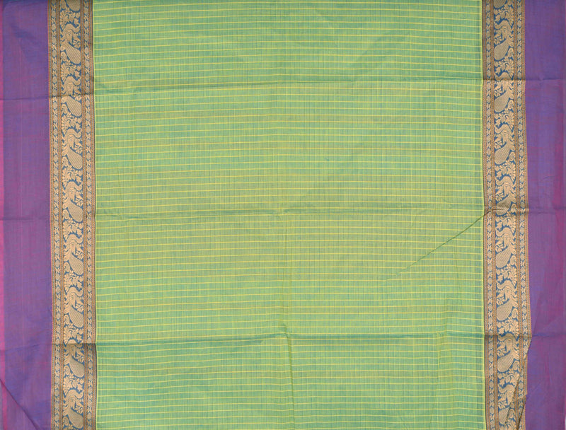 Light Green Chettinad Pure Cotton Thread Peacock Body Checks Saree