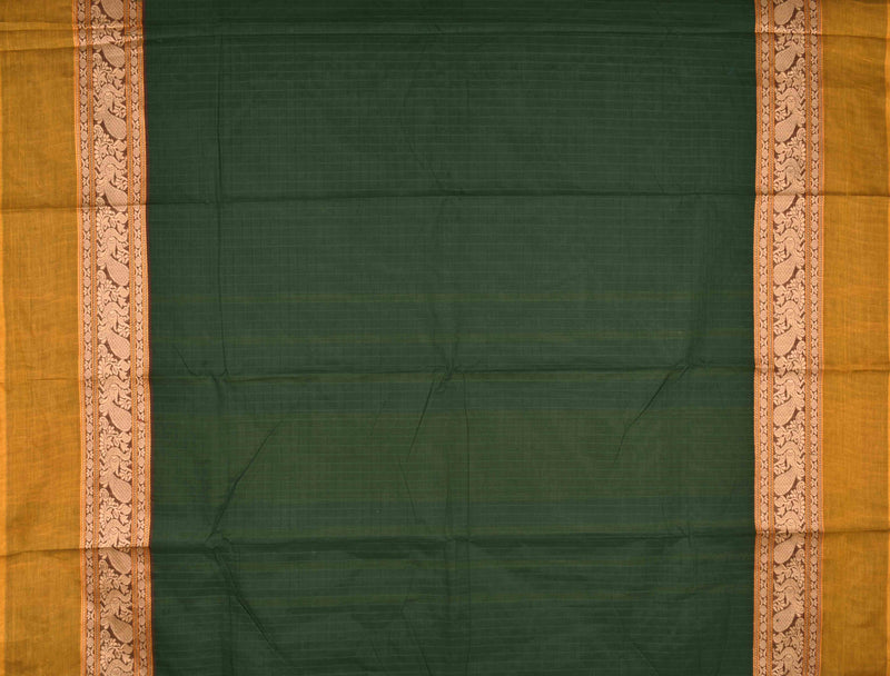 Dark Green Chettinad Pure Cotton Thread Peacock Body Checks Saree