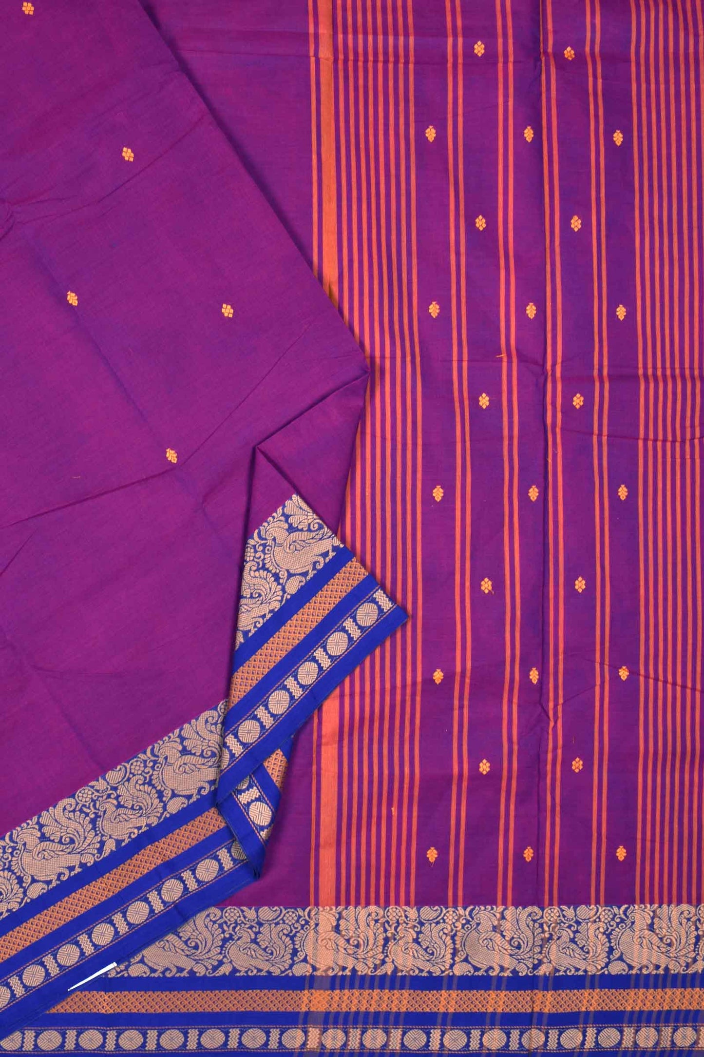 Violet Chettinad Pure Cotton Peacock Border Body Butta Saree