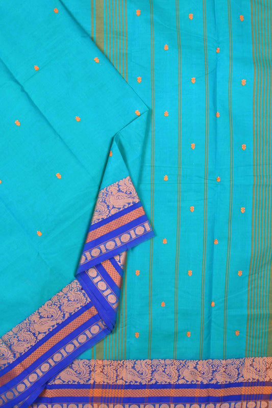 Blue Chettinad Pure Cotton Peacock Border Body Butta Saree