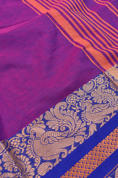 Violet Chettinad Pure Cotton Peacock Border Body Butta Saree