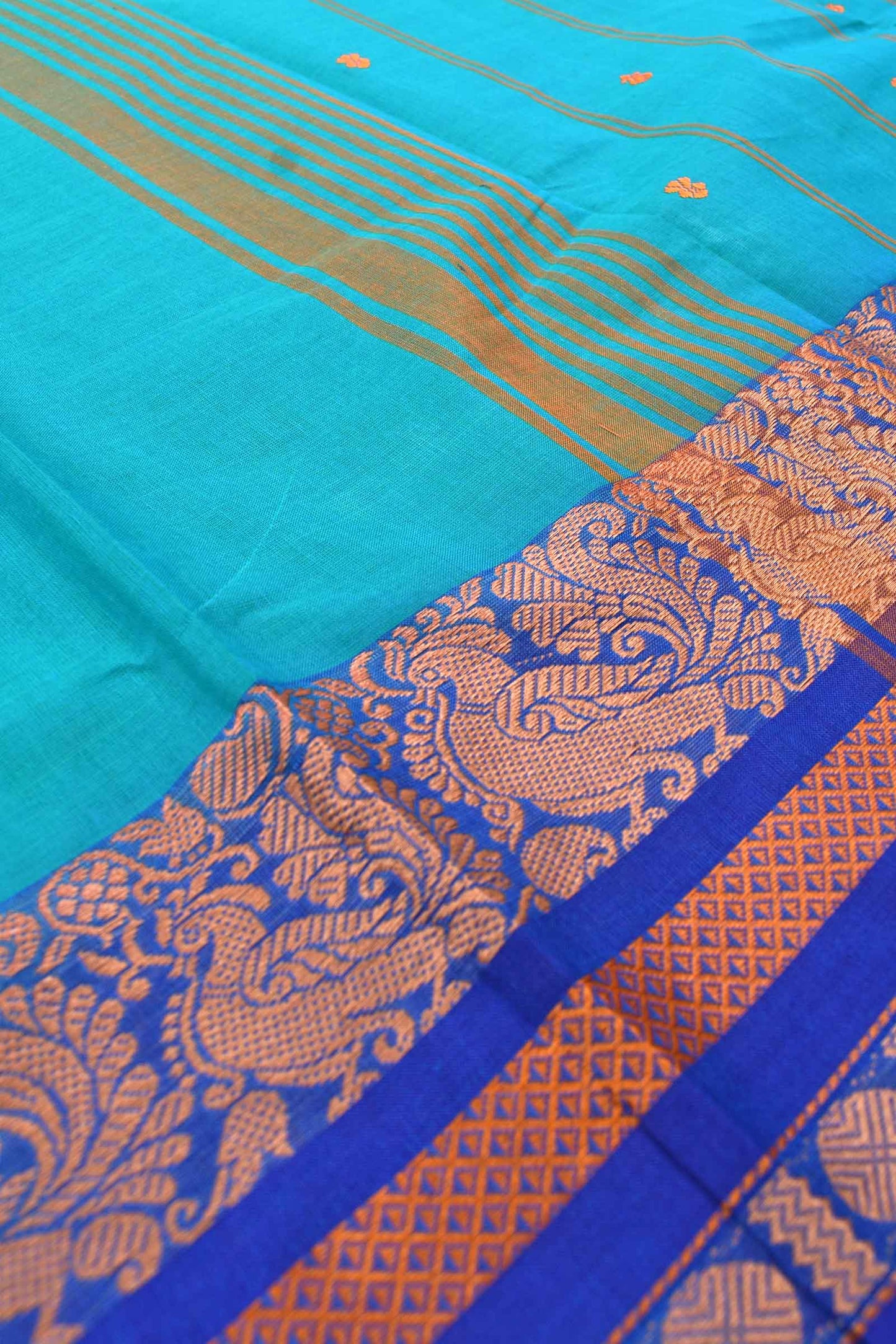 Blue Chettinad Pure Cotton Peacock Border Body Butta Saree