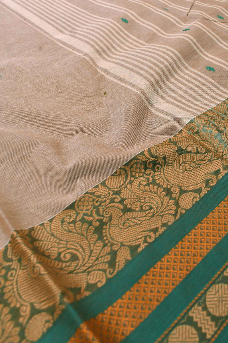 Off White Chettinad Pure Cotton Peacock Border Body Butta Saree