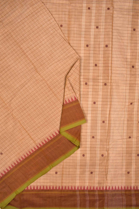 Light Brown Chettinad Pure Cotton Tower Border Checks Saree