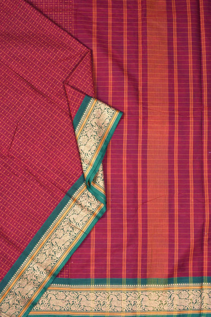 Maroon Chettinad Pure Cotton Body Checks Horse Border Saree