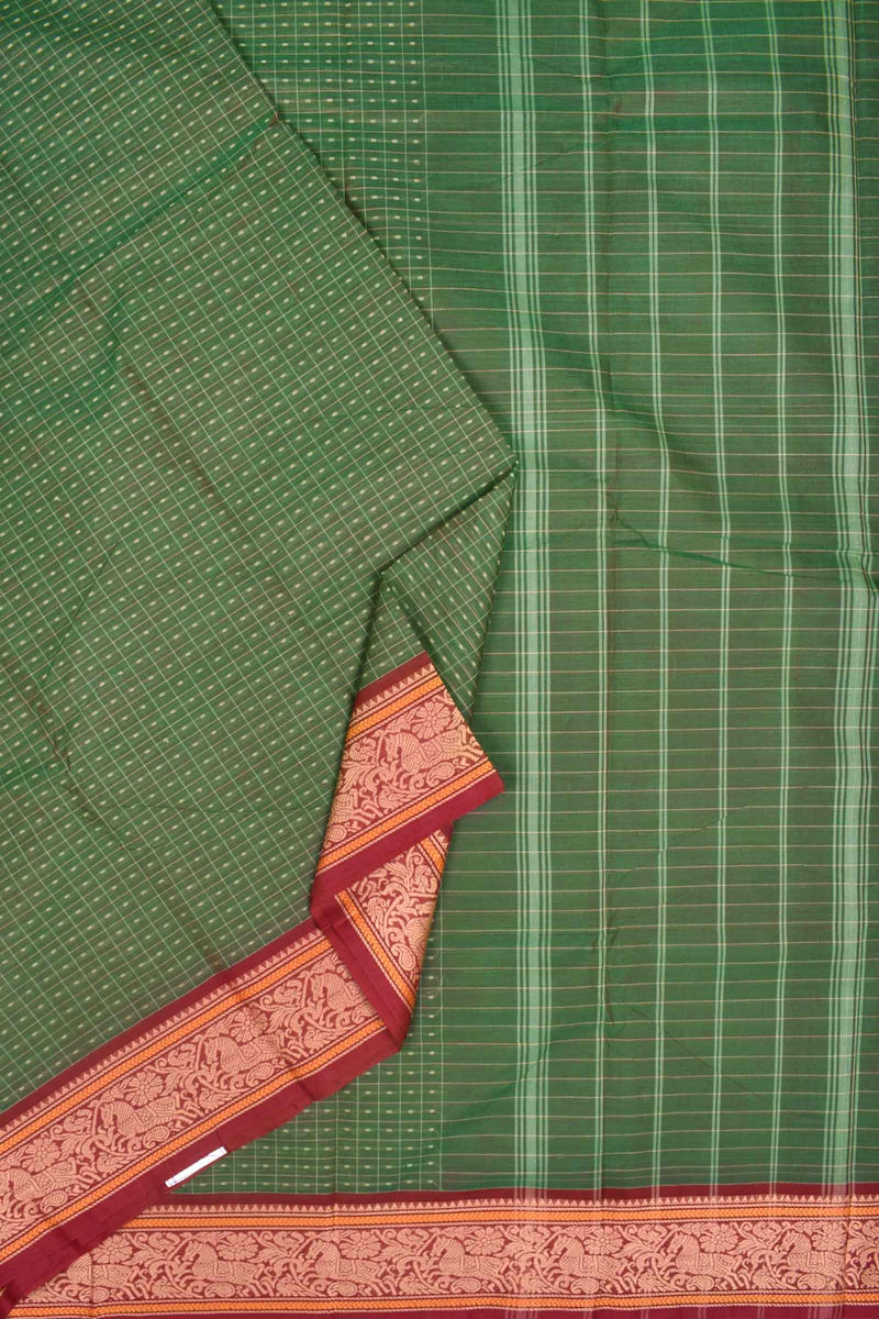 Green Chettinad Pure Cotton Body Checks Horse Border Saree