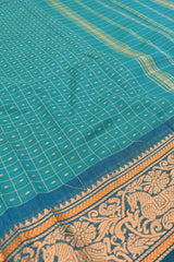 Blue Chettinad Pure Cotton Body Checks Horse Border Saree