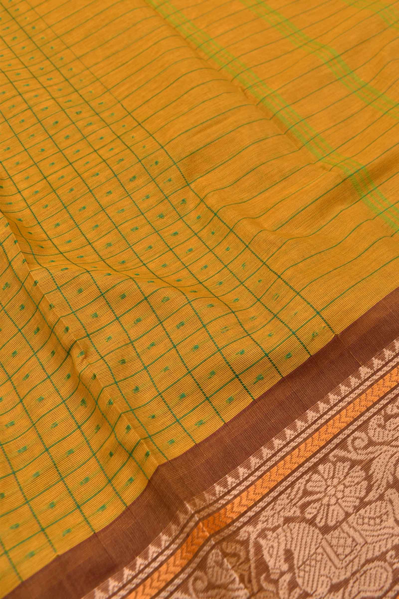 Orange Chettinad Pure Cotton Body Checks Horse Border Saree