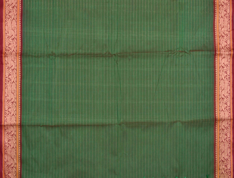Green Chettinad Pure Cotton Body Checks Horse Border Saree