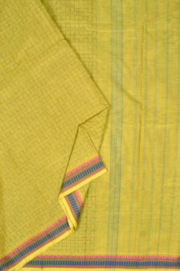 Yellow Chettinad Pure Cotton Square Thread Wave Saree