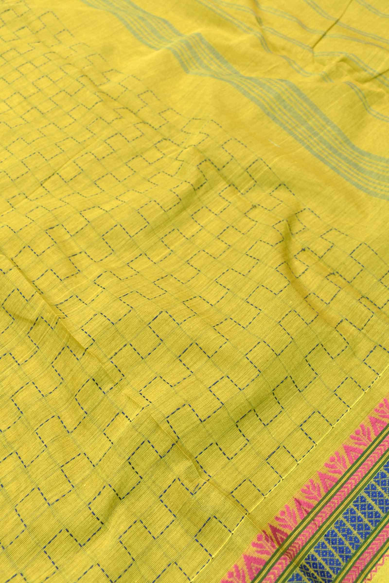 Yellow Chettinad Pure Cotton Square Thread Wave Saree