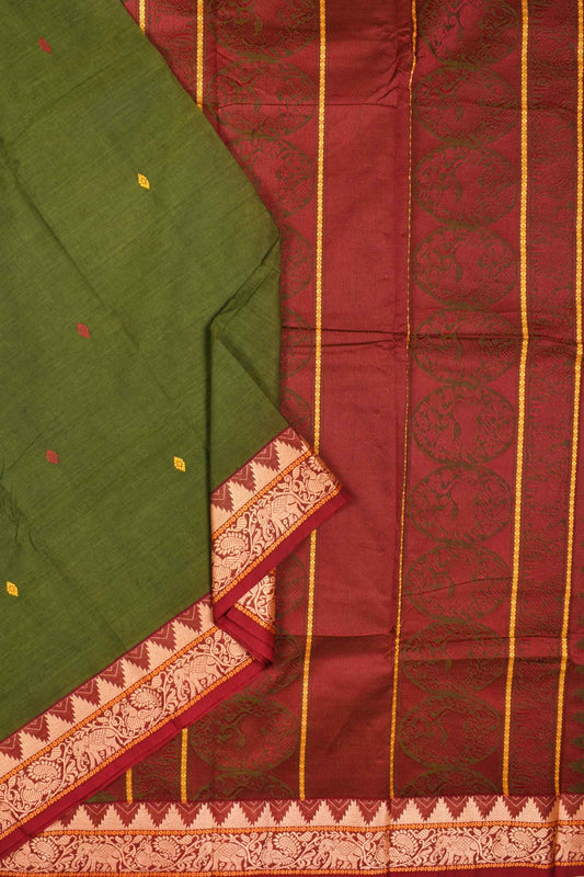 Dark Green Chettinad Pure Cotton Thread Yaazhi Border Saree