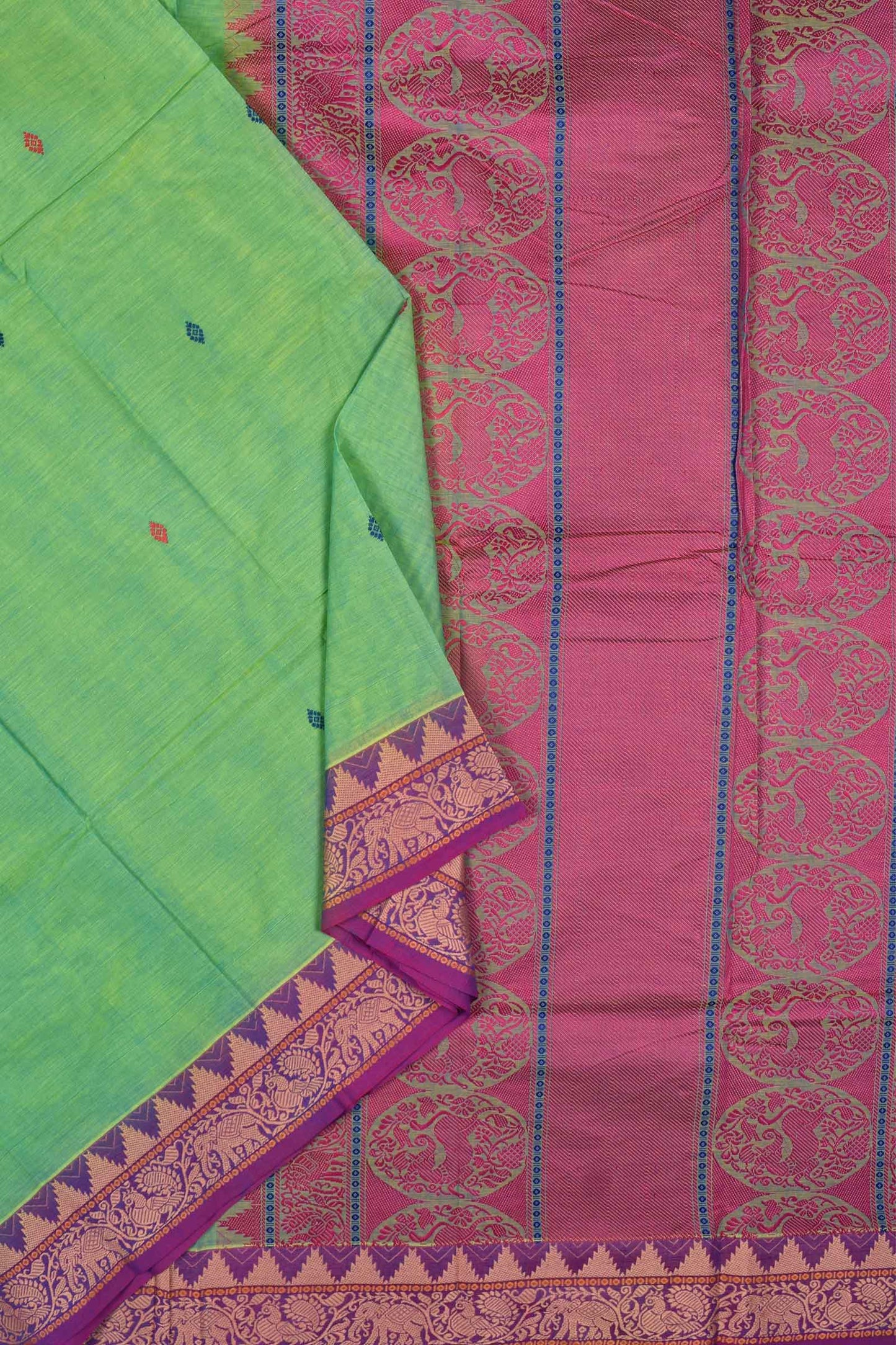 Green Chettinad Pure Cotton Thread Yaazhi Border Saree