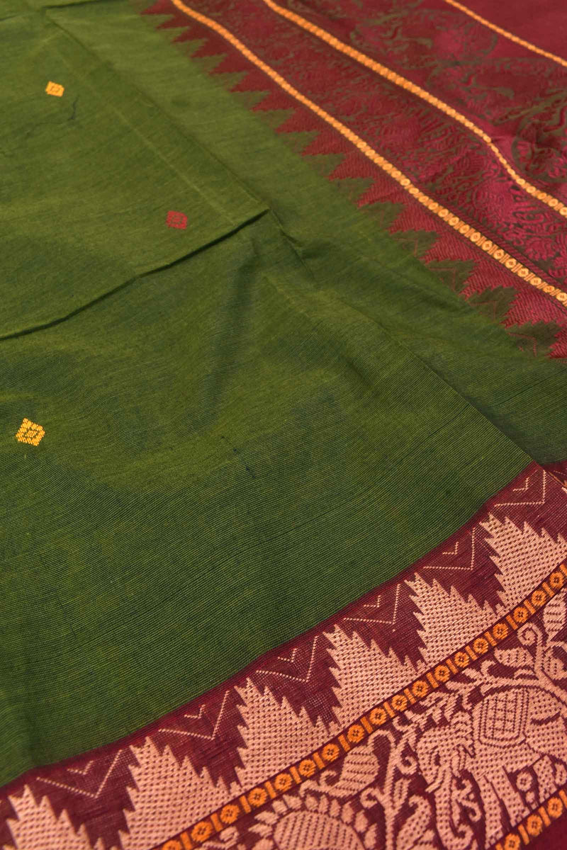 Dark Green Chettinad Pure Cotton Thread Yaazhi Border Saree