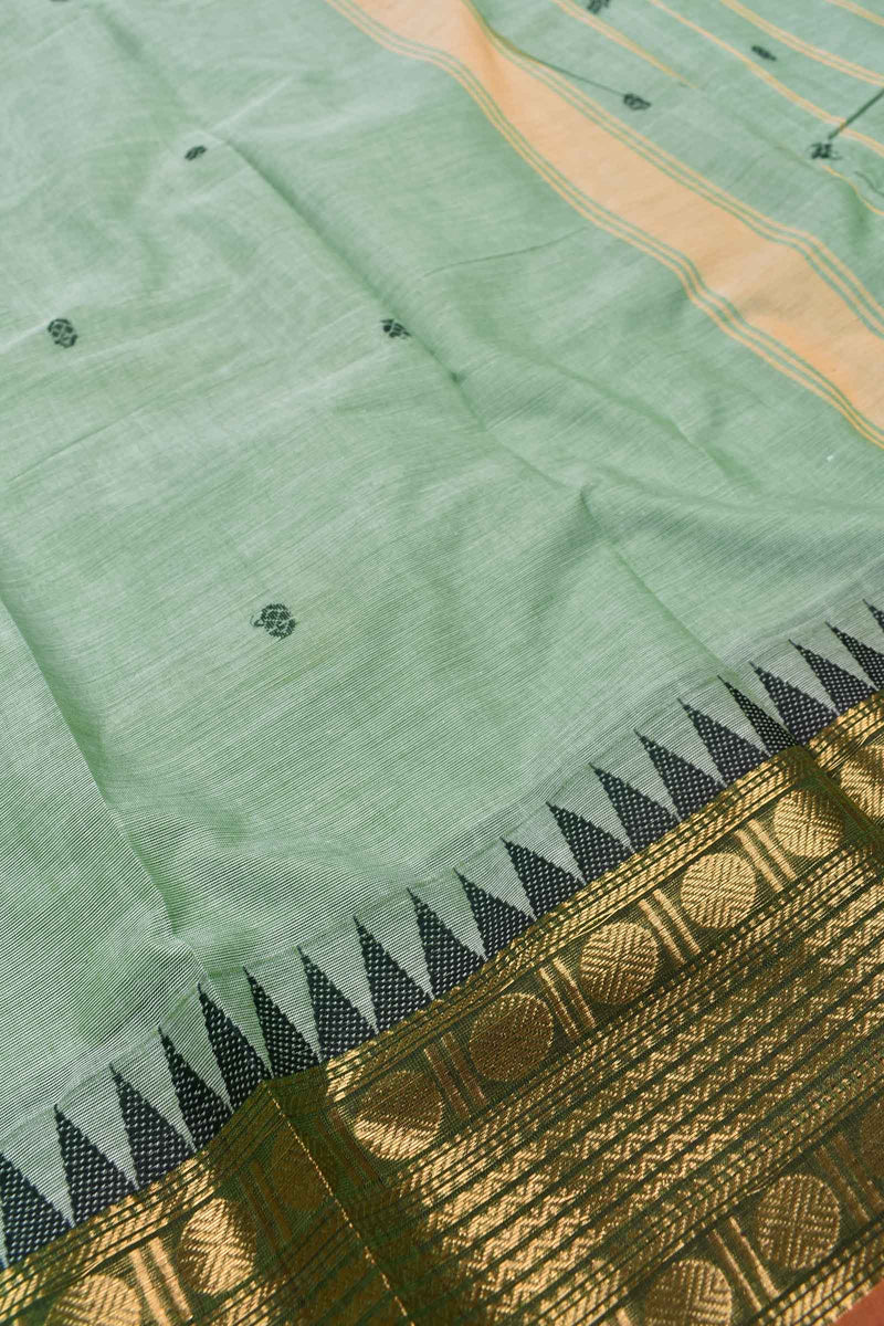 Light Green Chettinad Pure Cotton with Rudraksh Tower Border Saree