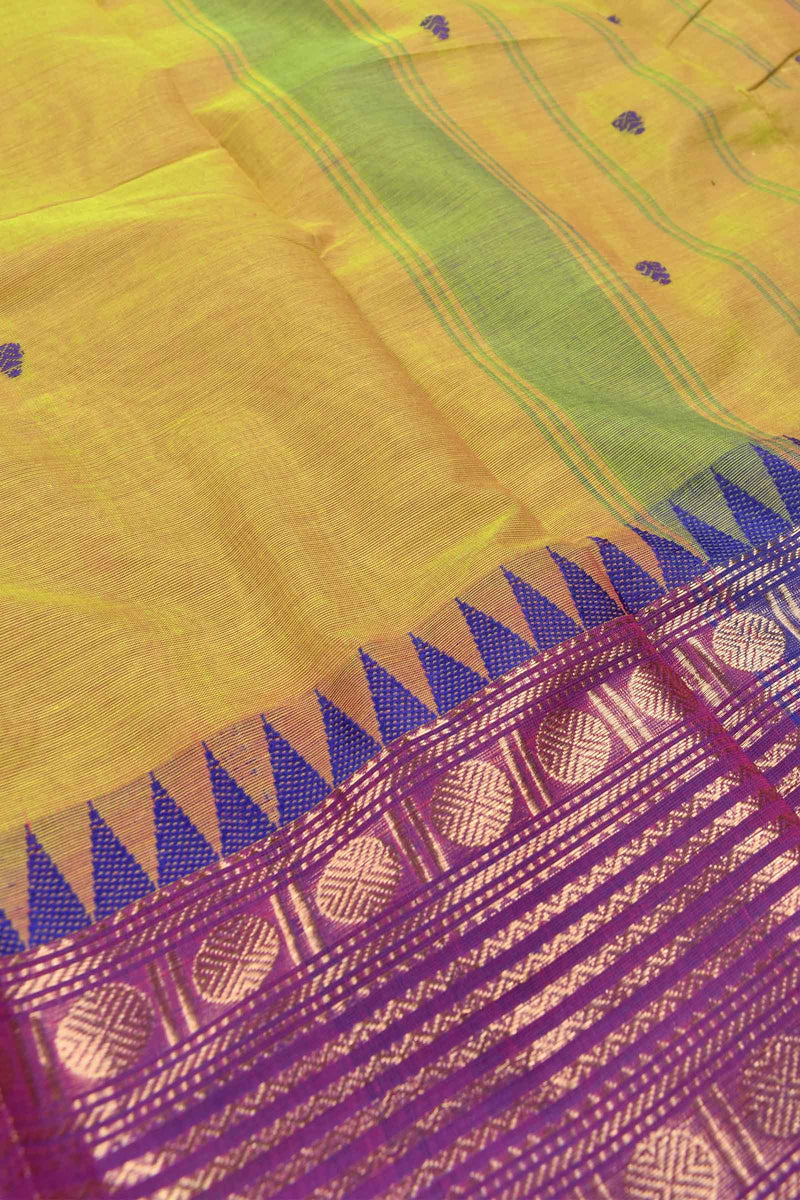 Yellow Chettinad Pure Cotton with Rudraksh Tower Border Saree