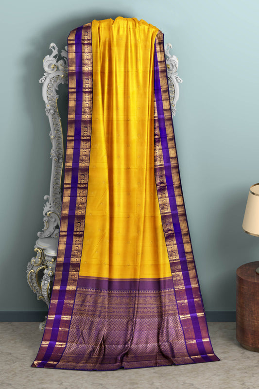 Yellow Light Weight Pure Silk  Plain Arani Conrast Double Border Saree