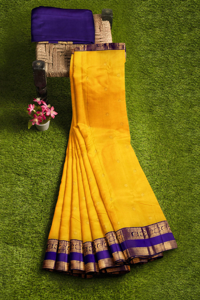 Yellow Light Weight Pure Silk  Plain Arani Conrast Double Border Saree