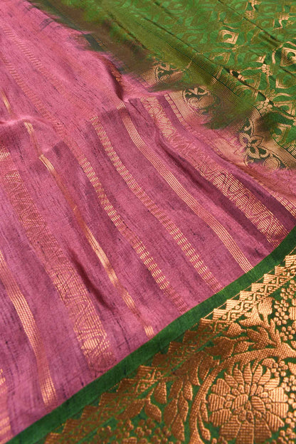 Pink Green Dupion Slub Body Lines Fancy Border Semi Soft Silk Saree