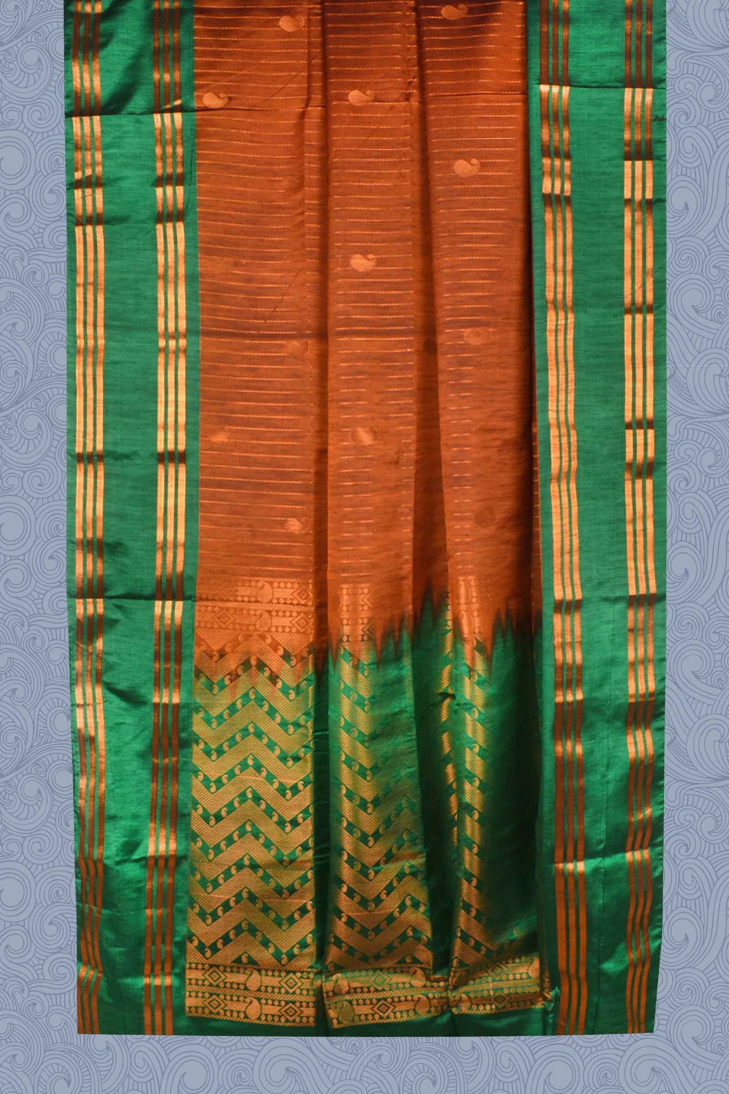 Brown Green Dupion Slub Body Butta Fancy Border Semi Soft Silk Saree