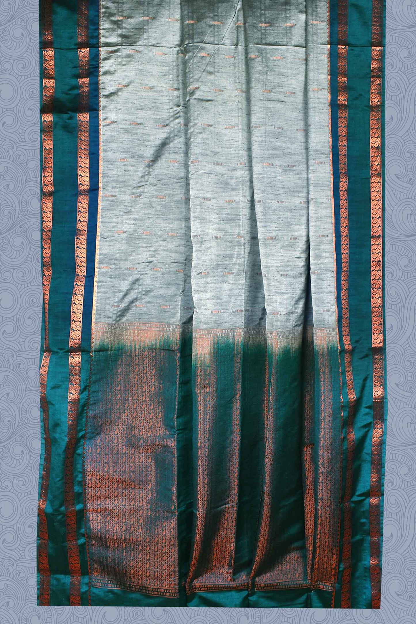 Grey Blue Dupion Slub Body Butta Peacock Border Semi Soft Silk Saree