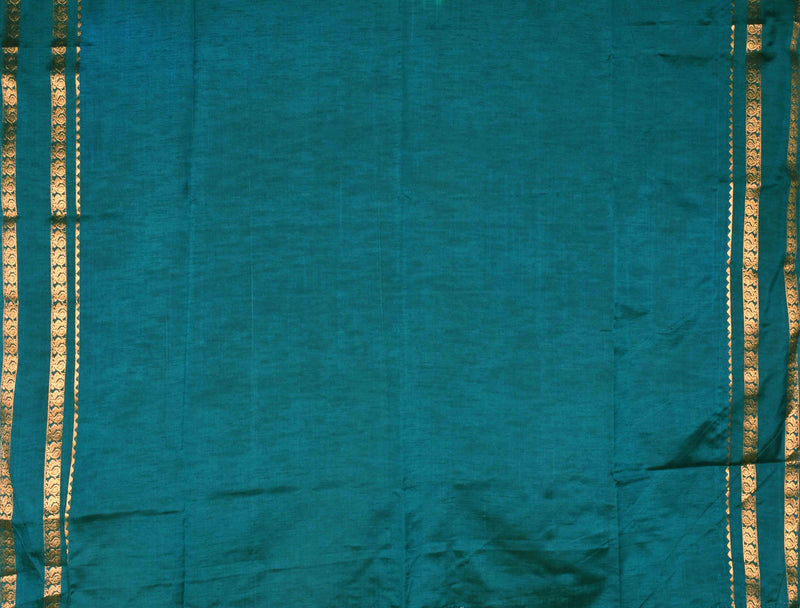 Grey Blue Dupion Slub Body Butta Peacock Border Semi Soft Silk Saree