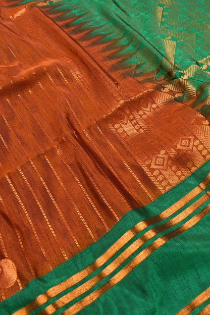 Brown Green Dupion Slub Body Butta Fancy Border Semi Soft Silk Saree