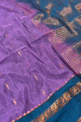 Violet Blue Dupion Slub Body Butta Peacock Border Semi Soft Silk Saree