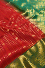 Red Body Malarkodi Full Jari Butta Blue Contrast Semi Soft Silk Saree