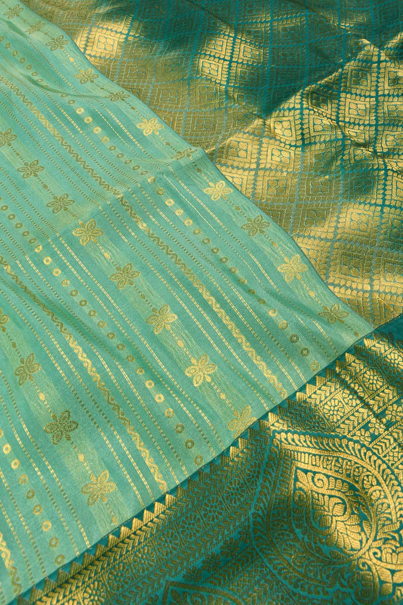 Green Body Malarkodi Full Jari Butta Blue Contrast Semi Soft Silk Saree