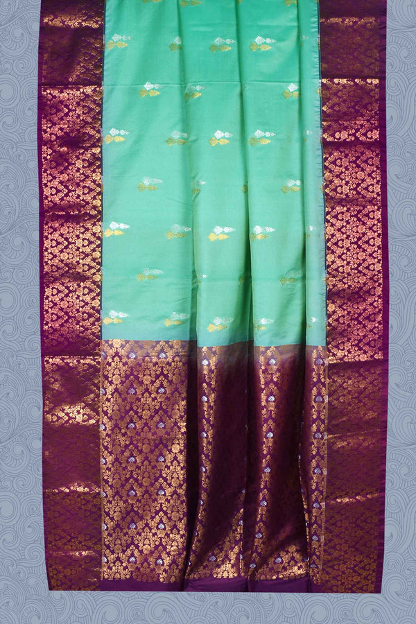 Light Green Double Jari Butta Purple Contrast Kottanj Border Semi Soft Silk Saree