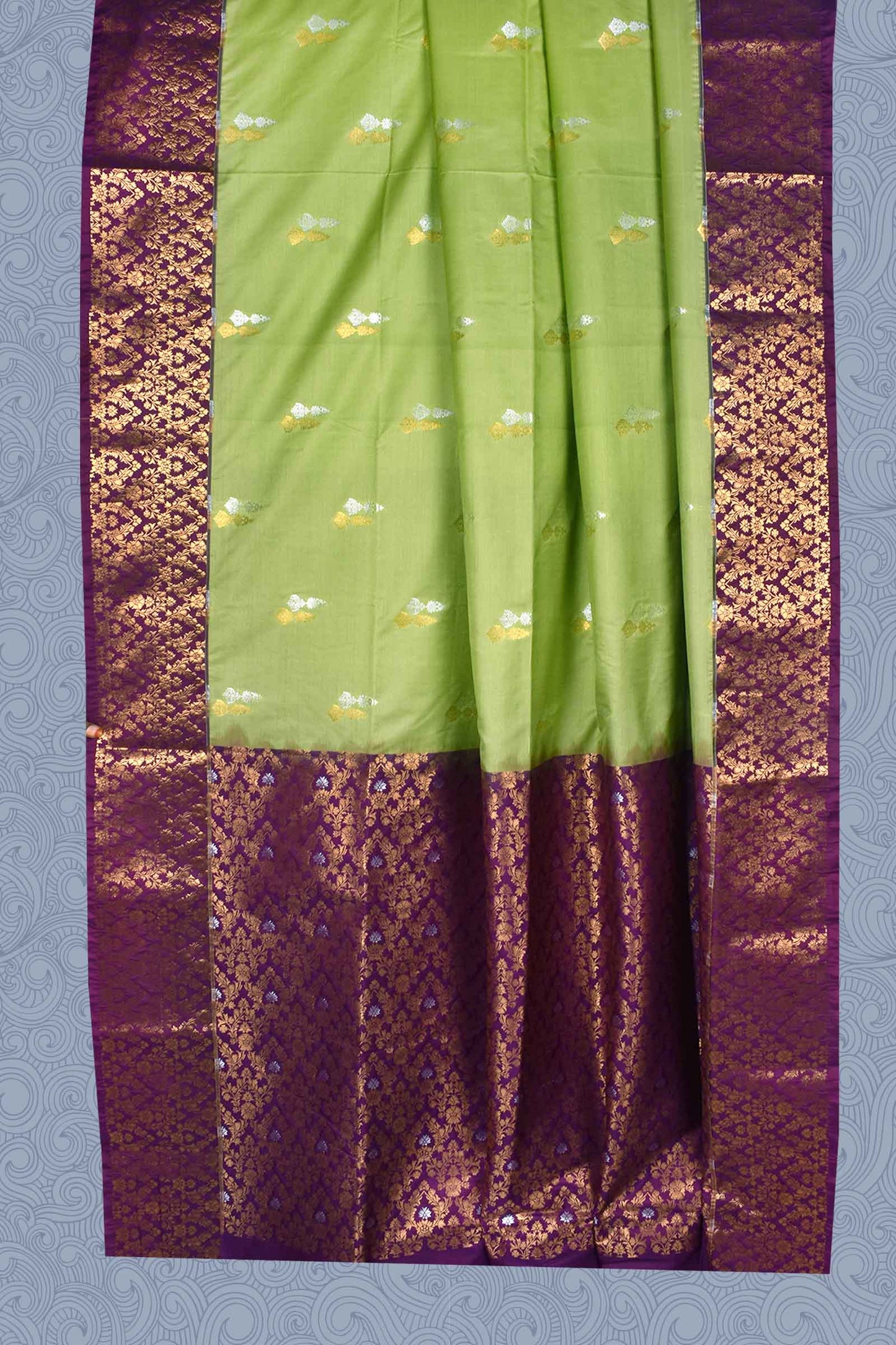 Green Double Jari Butta Purple Contrast Kottanj Border Semi Soft Silk Saree