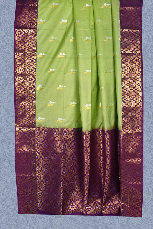 Green Double Jari Butta Purple Contrast Kottanj Border Semi Soft Silk Saree