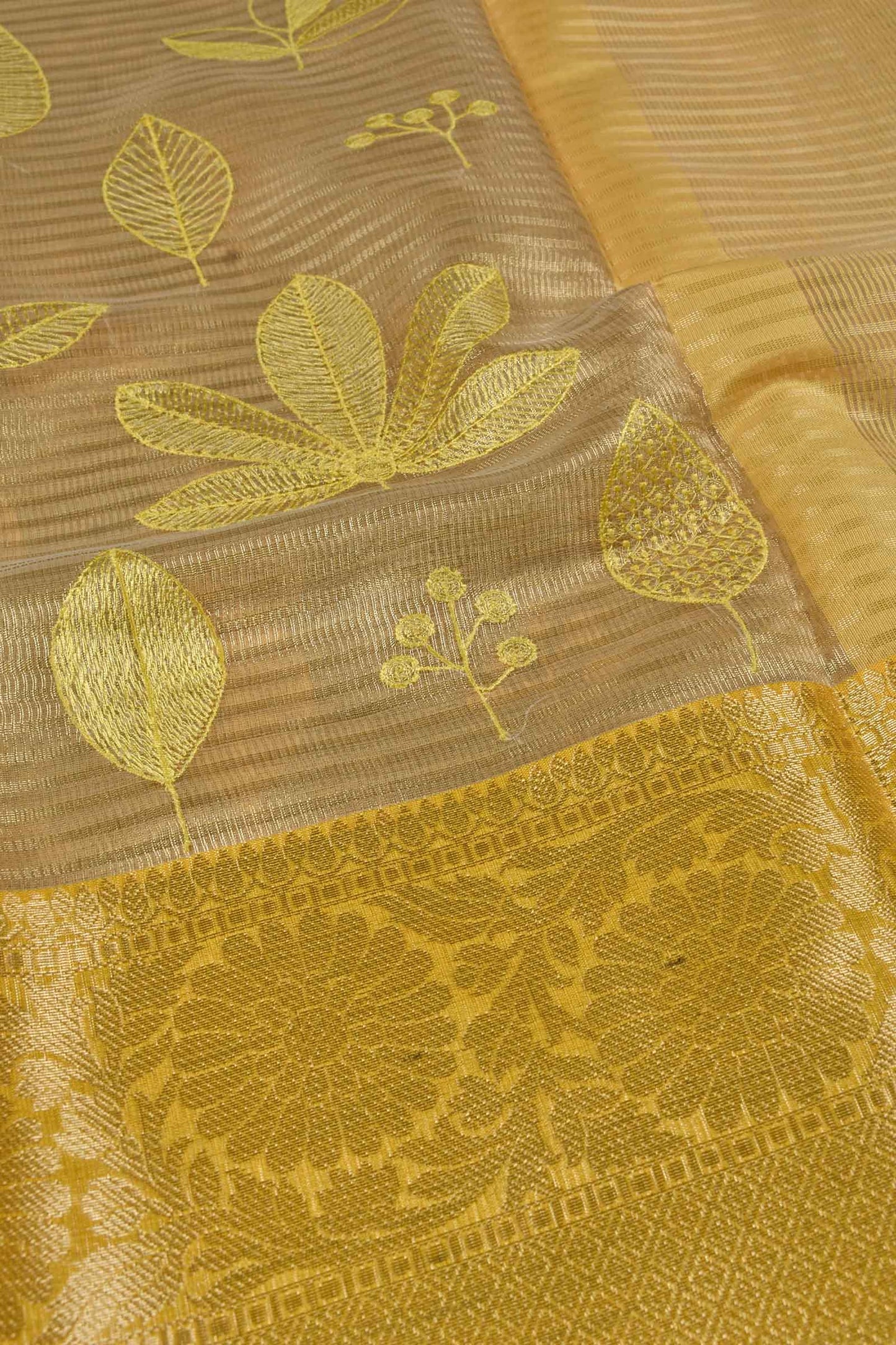 Tissue Contrast Fancy Border Embroidery Leaf Saree