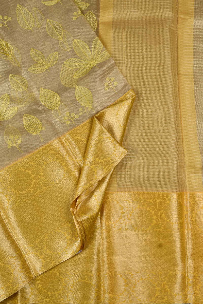 Tissue Contrast Fancy Border Embroidery Leaf Saree