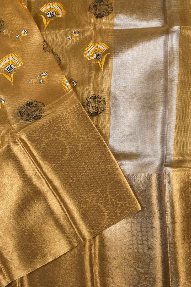 Gold Tissue Embroidered Flower Saree