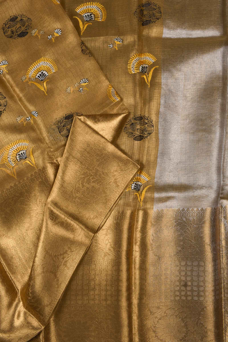 Gold Tissue Embroidered Flower Saree