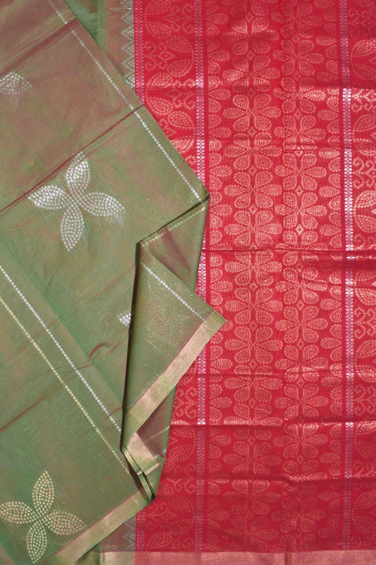 Green Red Pure South Cotton Four Leaf Zari Butta Saree