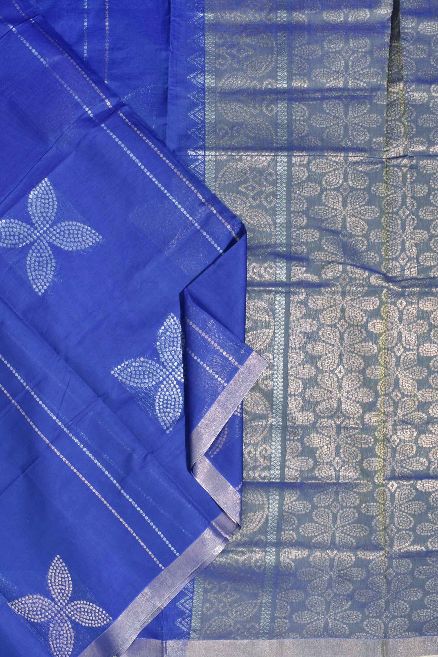 Blue Pure South Cotton Four Leaf Zari Butta Saree