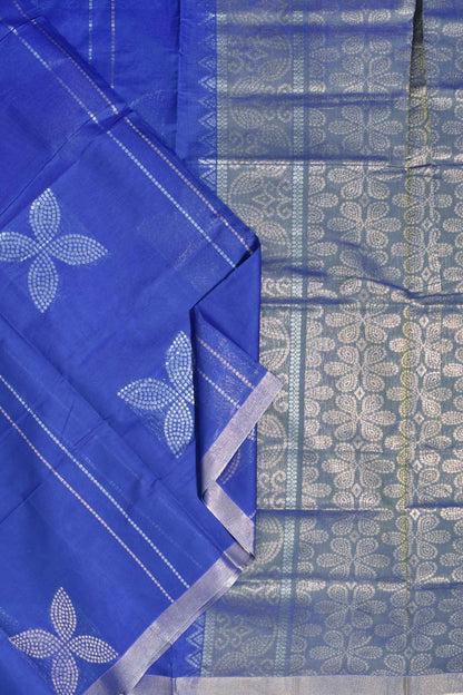 Blue Pure South Cotton Four Leaf Zari Butta Saree