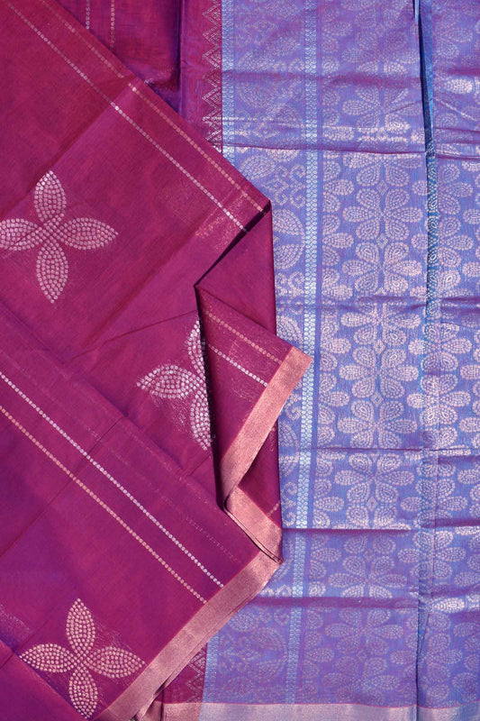 Dark Violet Pure South Cotton Four Leaf Zari Butta Saree