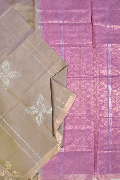 Light Brown Pink Pure South Cotton Four Leaf Zari Butta Saree