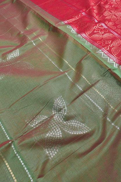 Green Red Pure South Cotton Four Leaf Zari Butta Saree