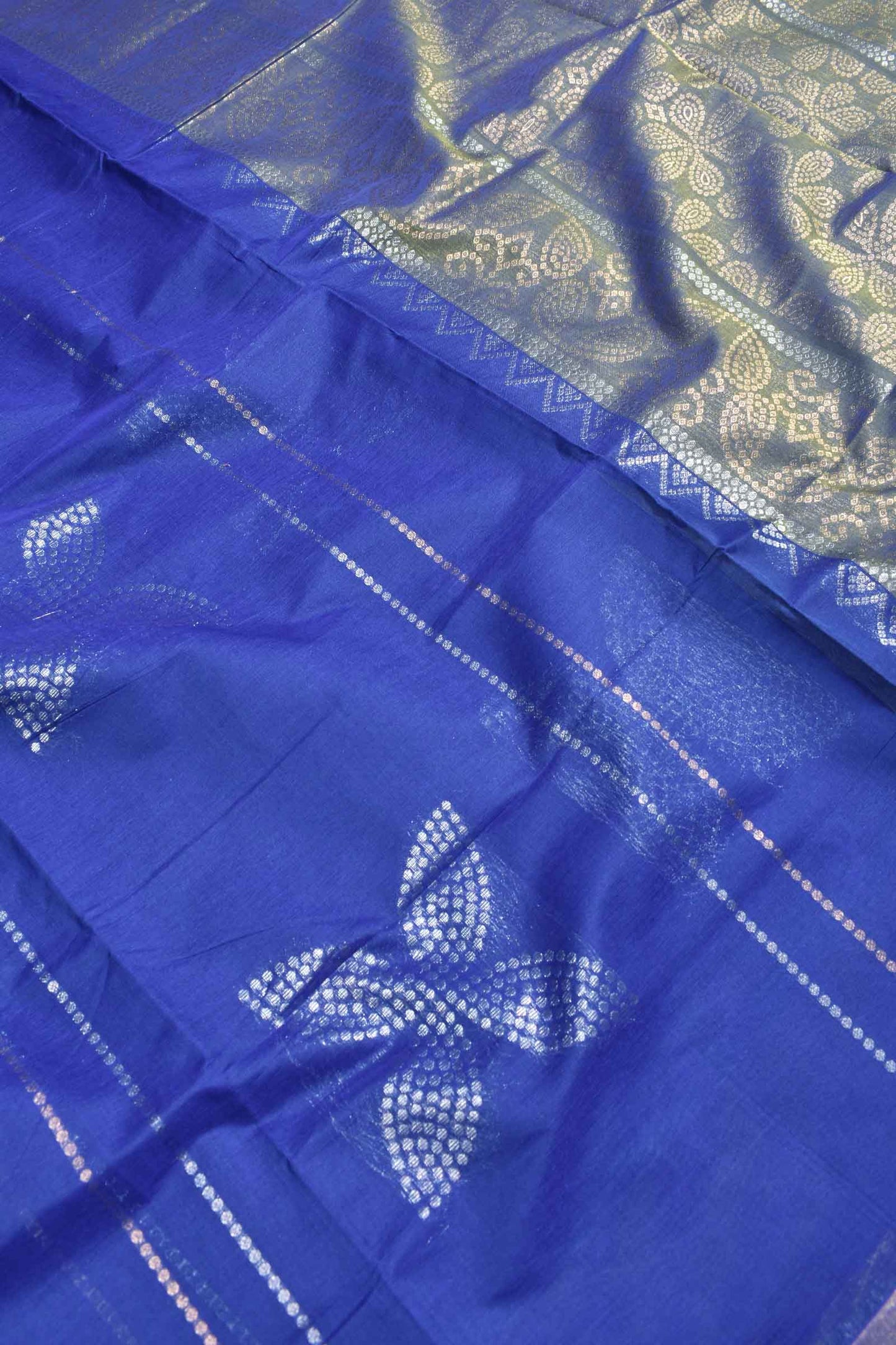 Blue Pure South Cotton Four Leaf Zari Butta Saree