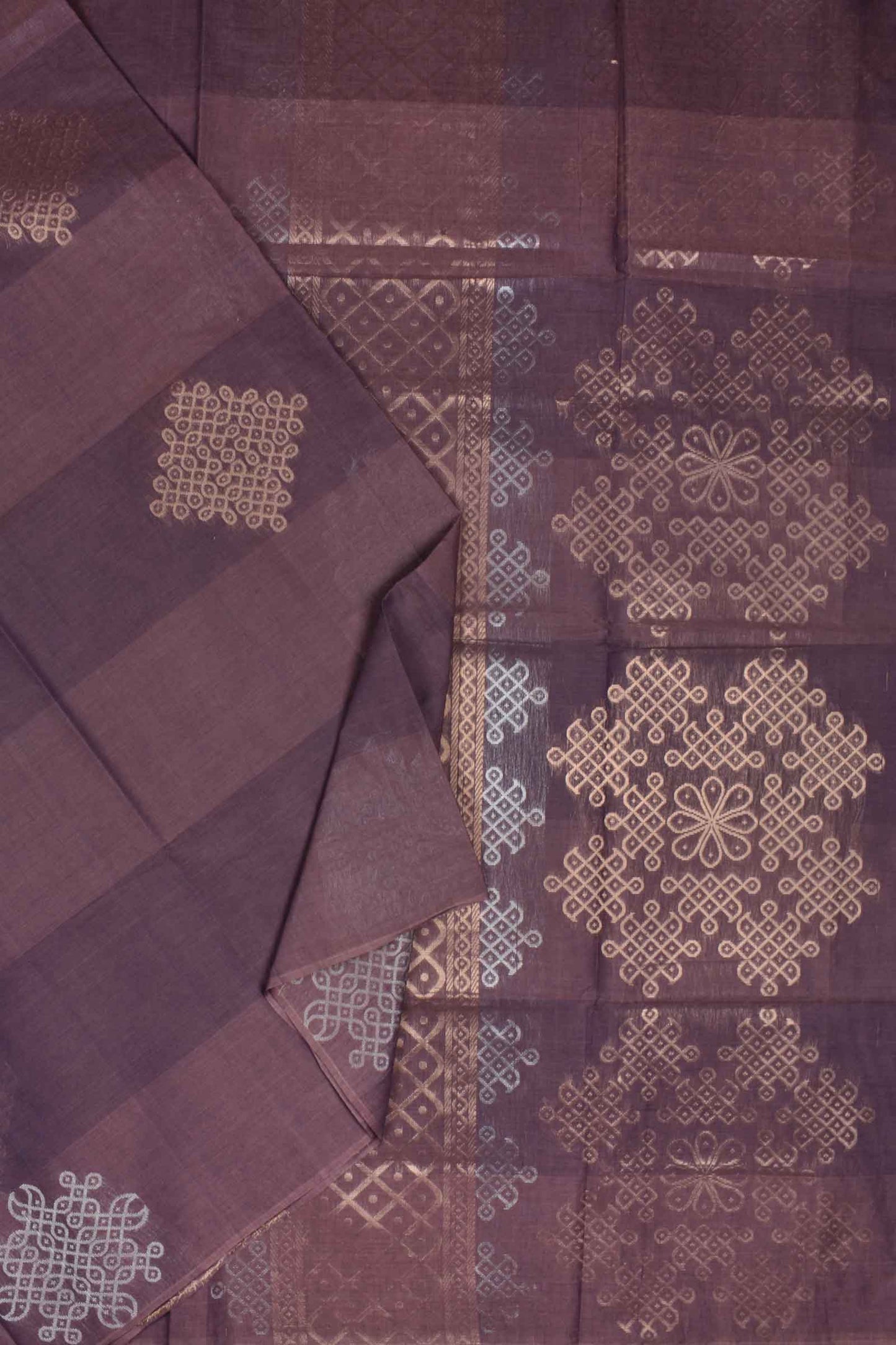 Dark Violet Pure South Cotton Kolam Butta Self Kolam Pallu Saree