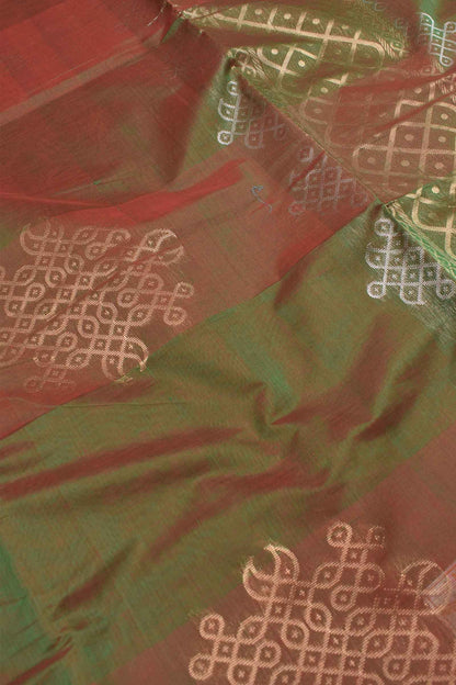 Dark Green Pure South Cotton Kolam Butta Self Kolam Pallu Saree