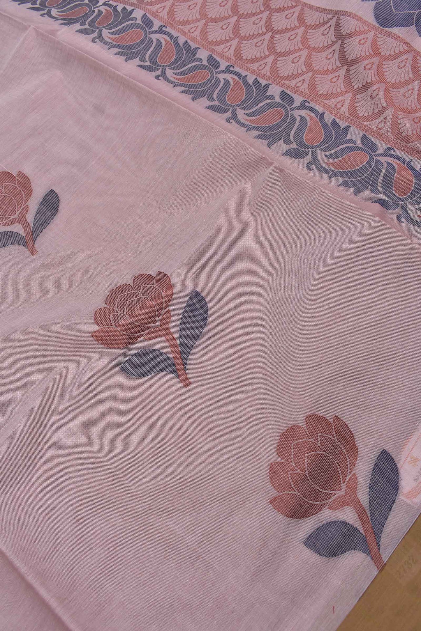 Peach Pure South Cotton Multi Thread Flower Butta Saree