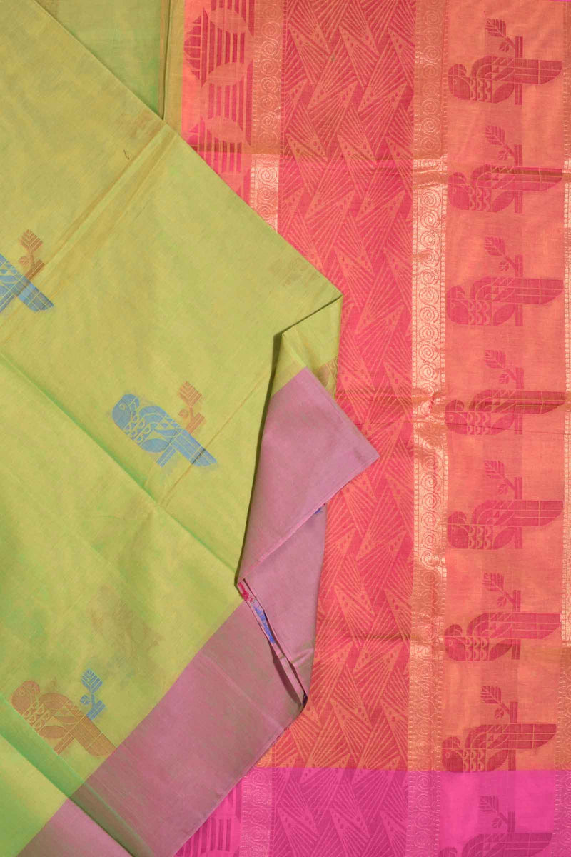 Green Pure South Cotton Multi Color Bird Butta Saree