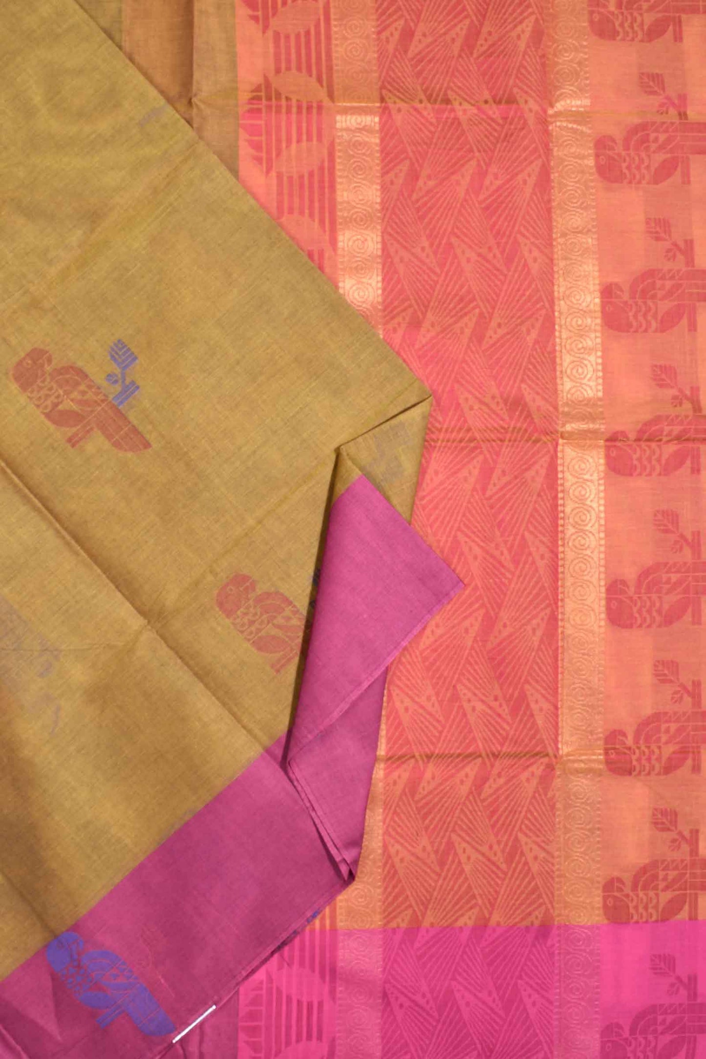 Mustard Pure South Cotton Multi Color Bird Butta Saree