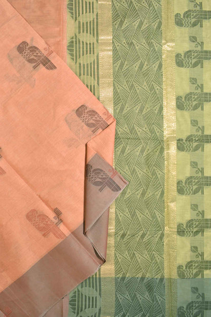 Light Orange Pure South Cotton Multi Color Bird Butta Saree